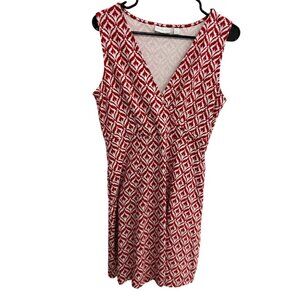New York & Company Red Geometric Print Sleeveless V Neck Dress Sz Large